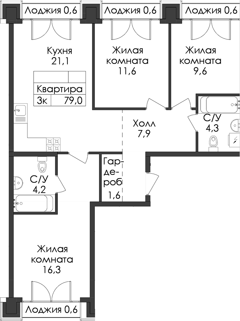 3-комнатная квартира 79 м², 8/9 эт., ЖК «Лермонтовский 54»